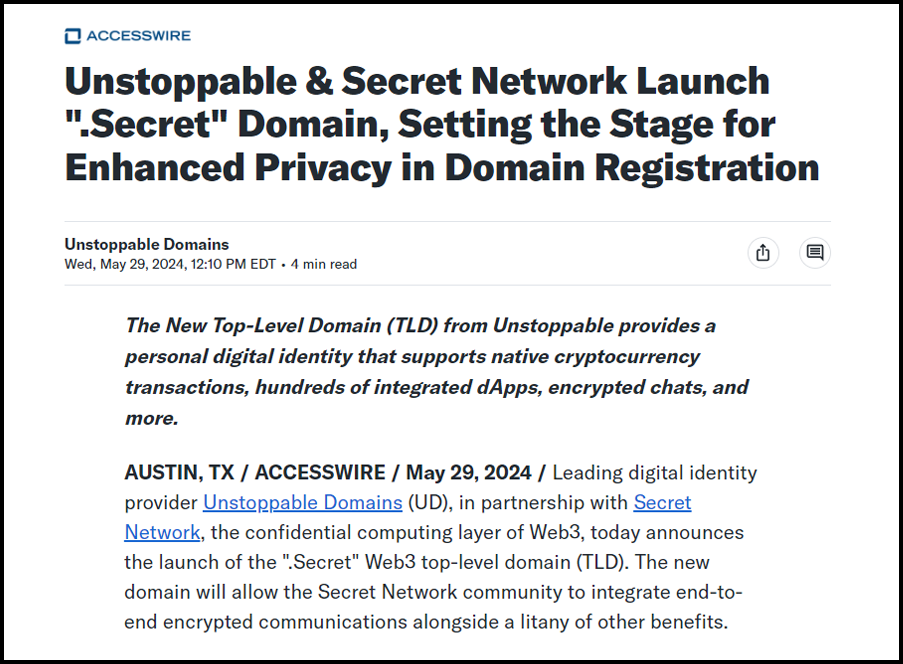 Unstoppable Domains & Secret Network Launch “.Secret” Top-Level Domain (TLD)